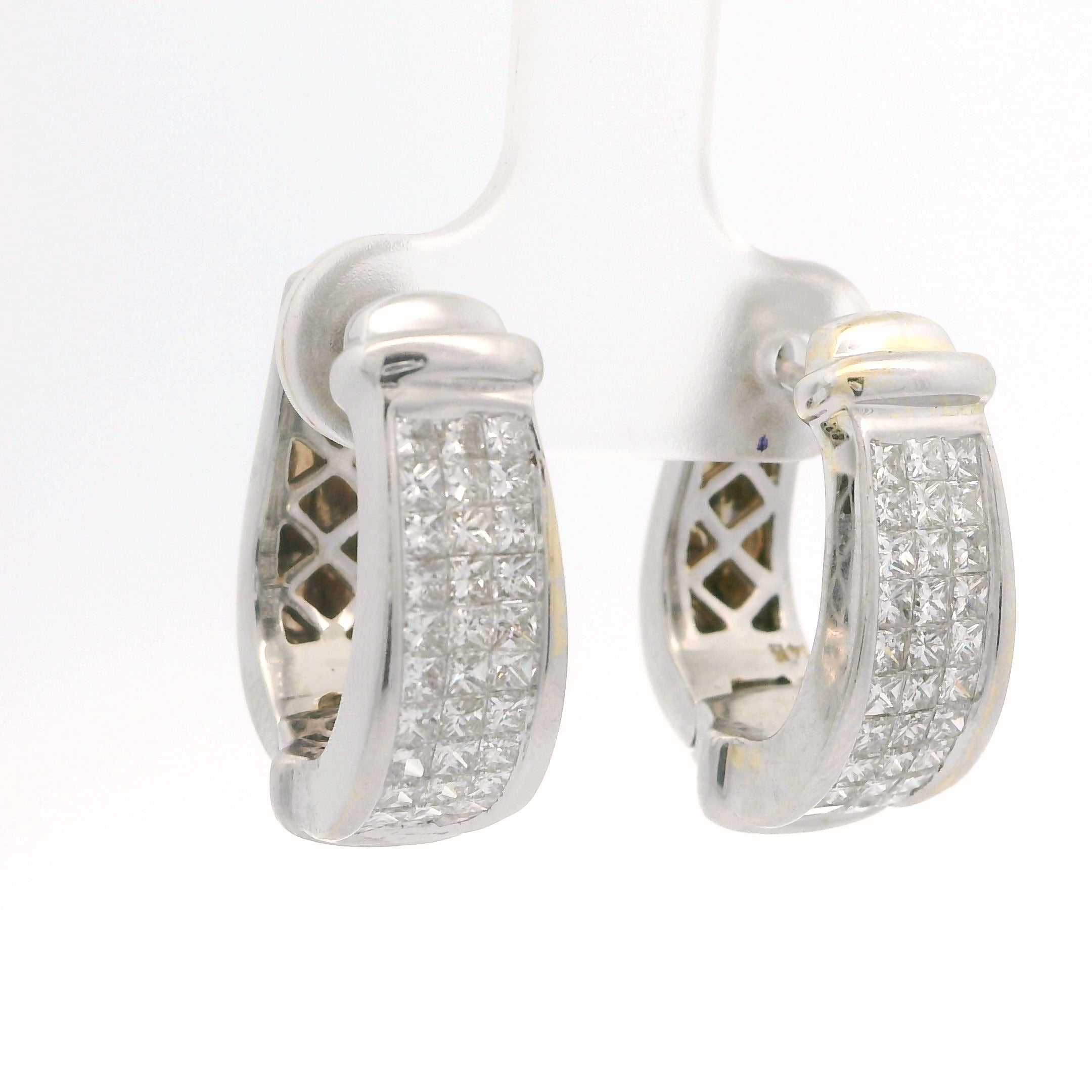 White Gold Hoop Earrings with Square Cut Diamonds