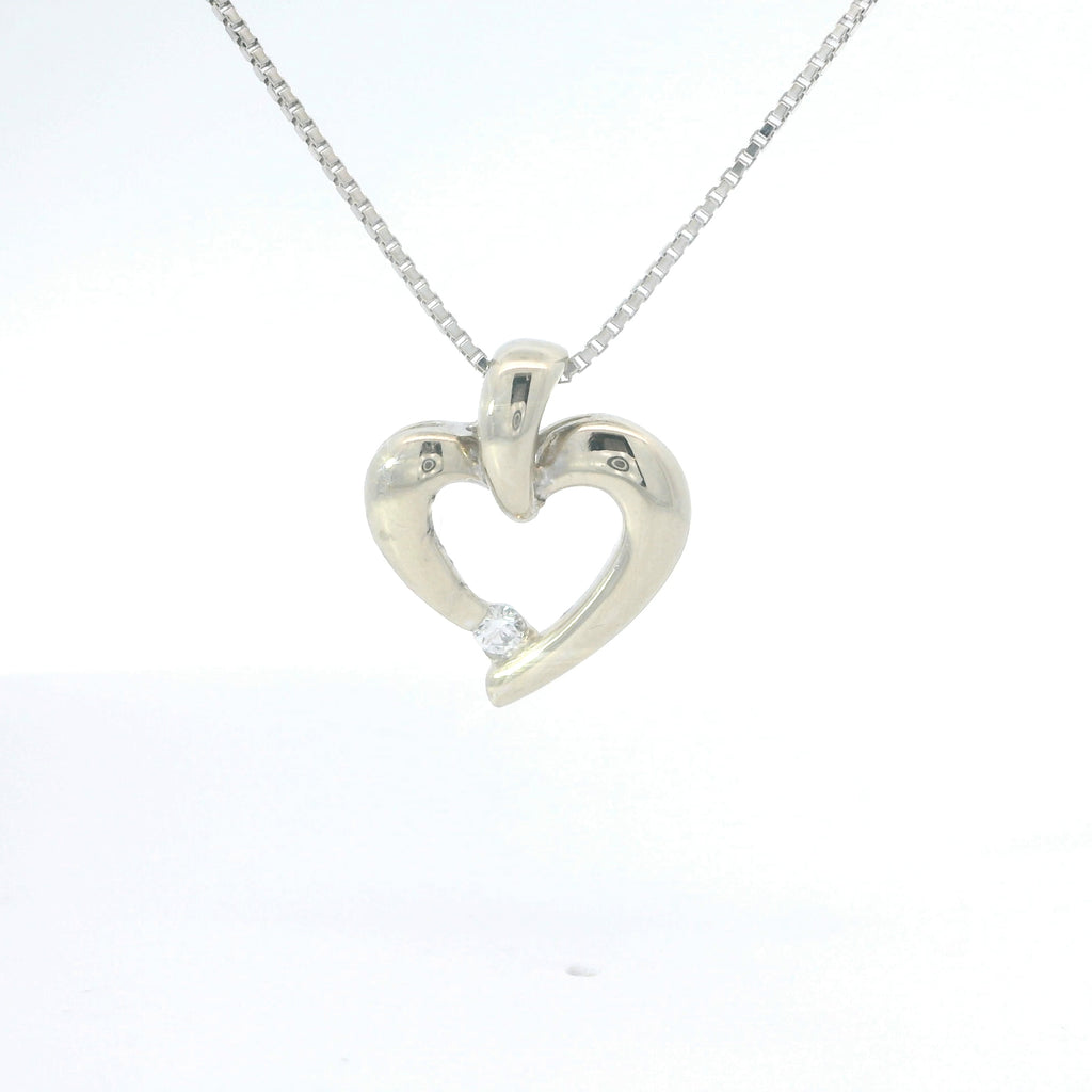 White Gold Heart Pendant Charm Necklace with Round Cut Diamond