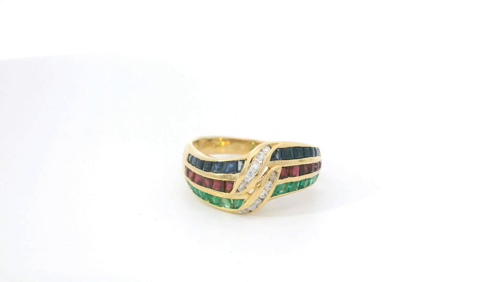 18K Yellow Gold Multi stone Ring with Square Cut Diamond and Royal Blue Sapphire