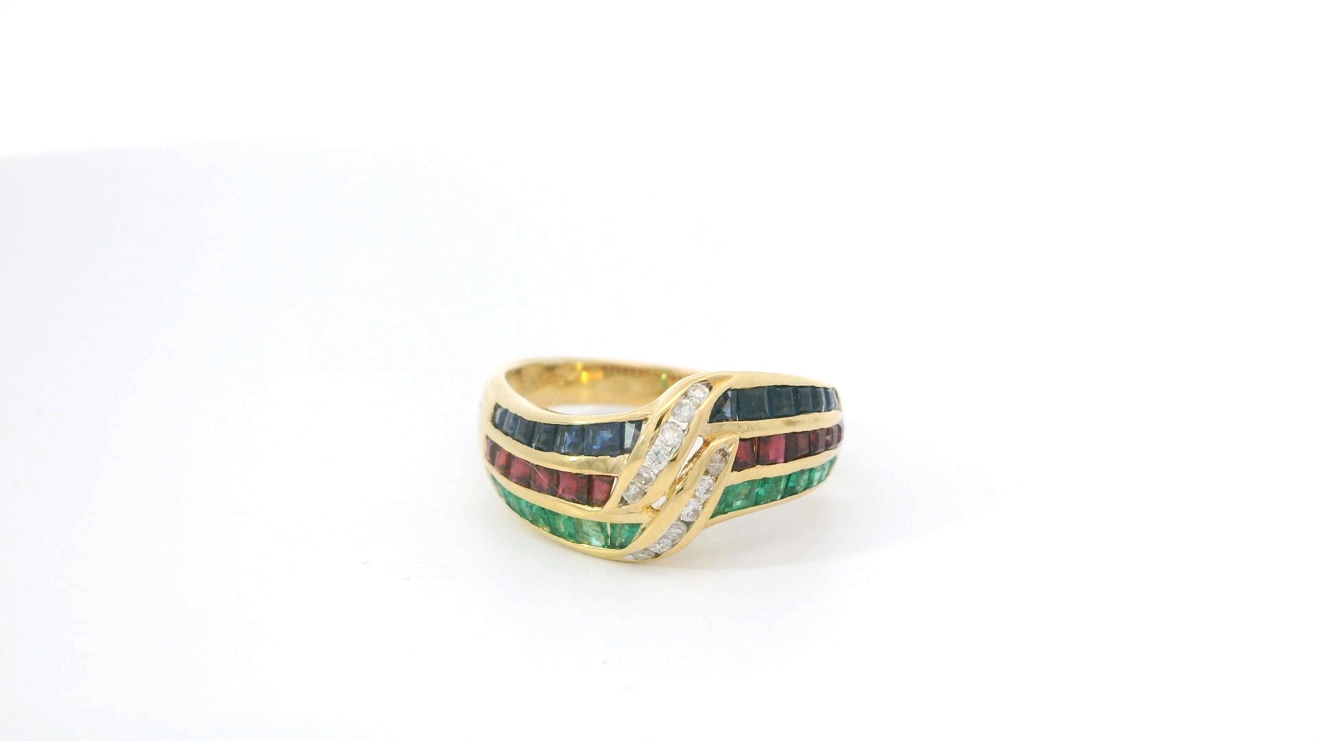 18K Yellow Gold Multi stone Ring with Square Cut Diamond and Royal Blue Sapphire