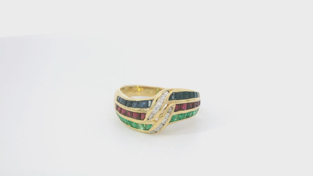 18K Yellow Gold Multi stone Ring with Square Cut Diamond and Royal Blue Sapphire